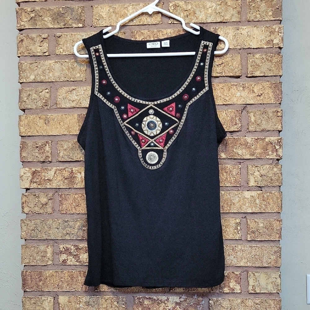 Cato Embroidered Flowy Black Tank Top with Red and Gold Accents Size 18/20W